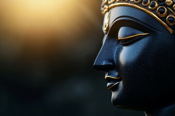Serene buddha statue in golden light at sunset