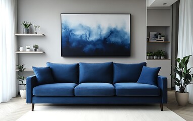 Blue sofa in modern living room with abstract art. (3)