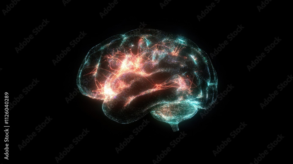 Poster a holographic representation of a human brain with neural networks lighting up dynamically, symboliz