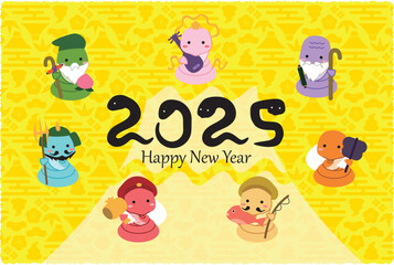 Fototapeta premium 2025年賀状 背景黄色 蛇のカラフル七福神 2025の数字が蛇