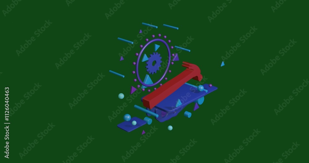 Poster red hammer symbol on a pedestal of abstract geometric shapes floating in the air. abstract concept a