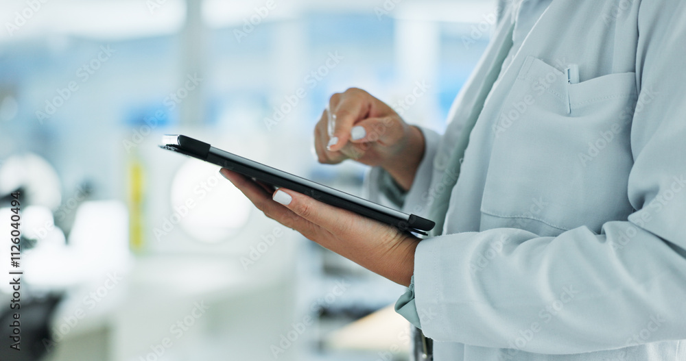 Poster scientist, hands and tablet checklist for research, notes and experiment results or medical informat