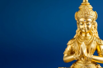Fototapeta premium Golden buddha statue with blue background - intricate details and spiritual symbolism