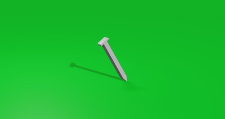 Isolated realistic white metal nail symbol front view with shadow. 3d illustration on green chroma key background