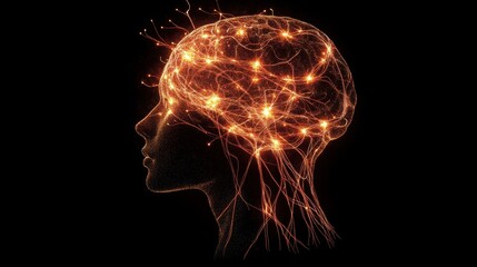 A human head silhouette filled with a glowing neural network of nodes and pathways, representing AI and data processing