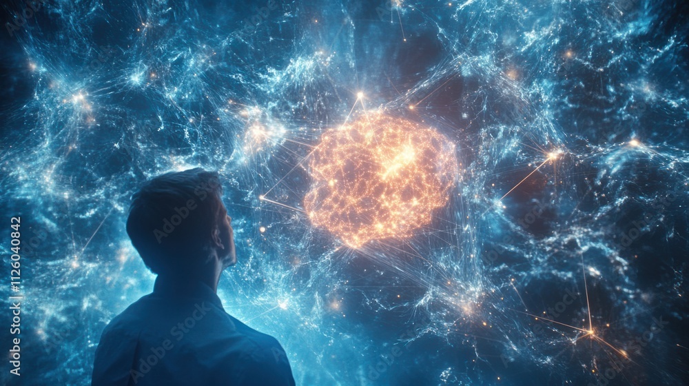 Poster a network of bright, interconnected nodes forming a brain-like structure, floating in a blue digital