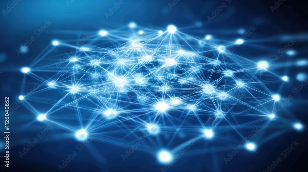 Poster a network of bright, interconnected nodes forming a brain-like structure, floating in a blue digital