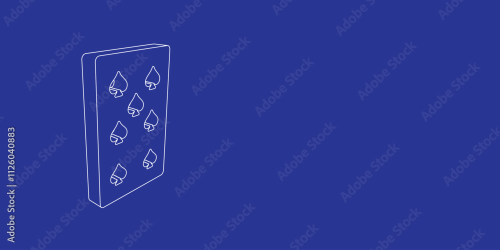 Poster the outline of a large seven of spades playing card made of white lines on the left. 3d view of the 