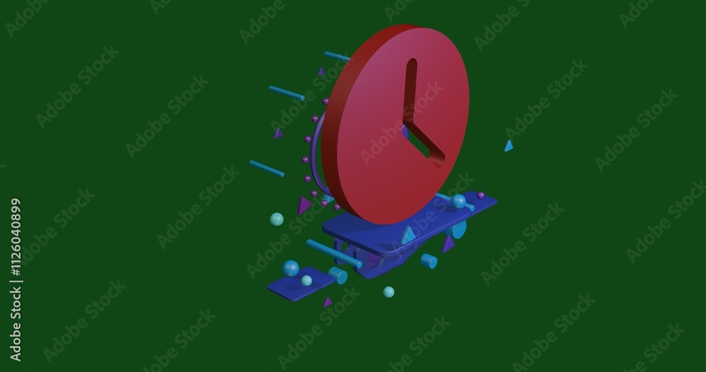 Poster red time symbol on a pedestal of abstract geometric shapes floating in the air. abstract concept art