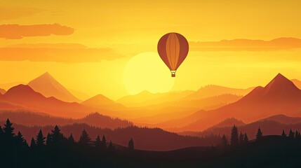 Fototapeta premium Hot air balloon soaring over majestic sunset mountains.
