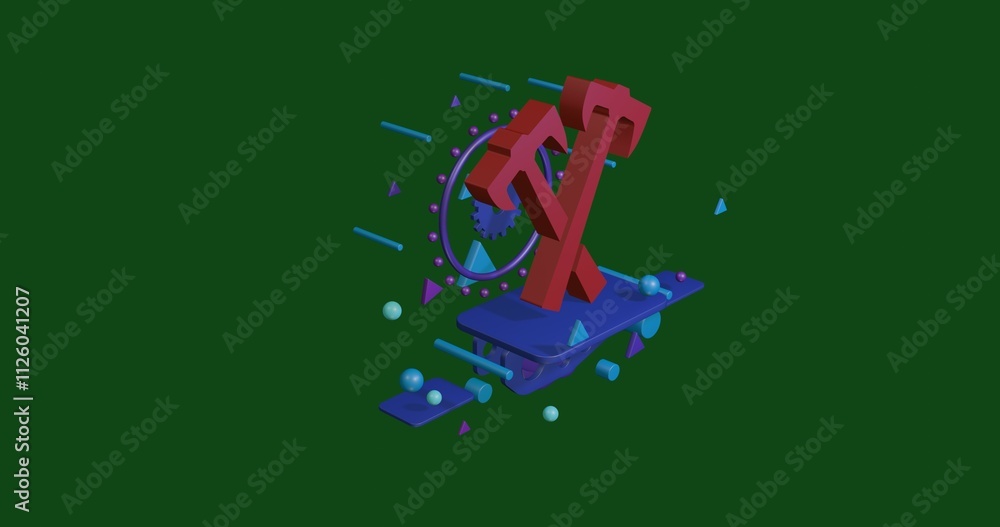Poster red crossed axes symbol on a pedestal of abstract geometric shapes floating in the air. abstract con