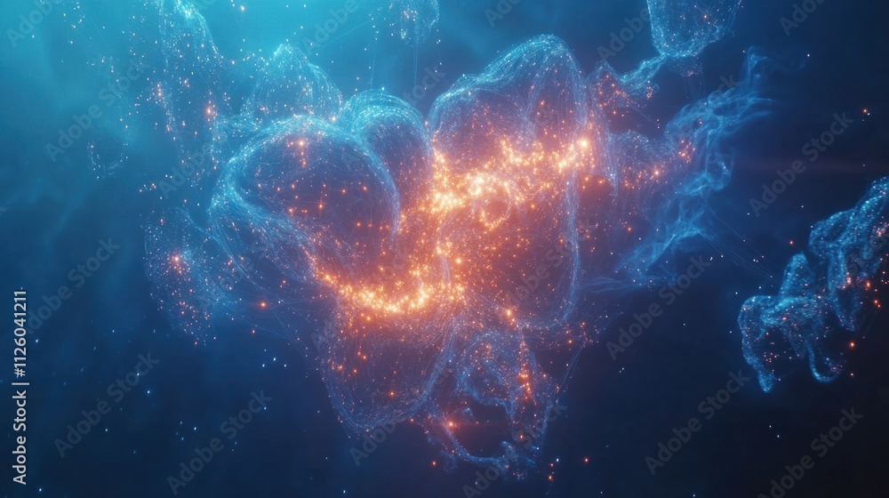 Poster a network of bright, interconnected nodes forming a brain-like structure, floating in a blue digital