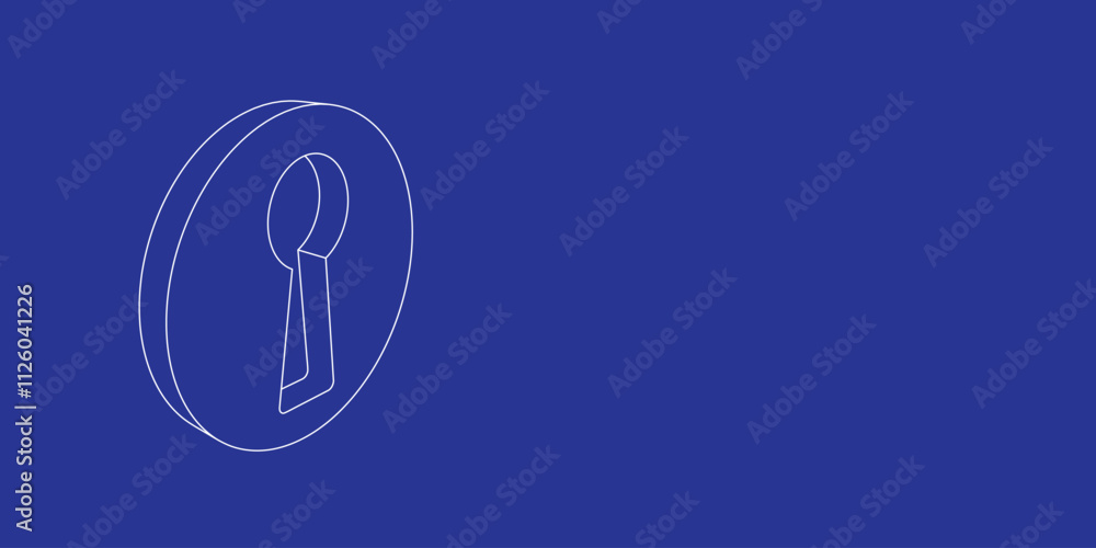 Poster the outline of a large keyhole symbol made of white lines on the left. 3d view of the object in pers