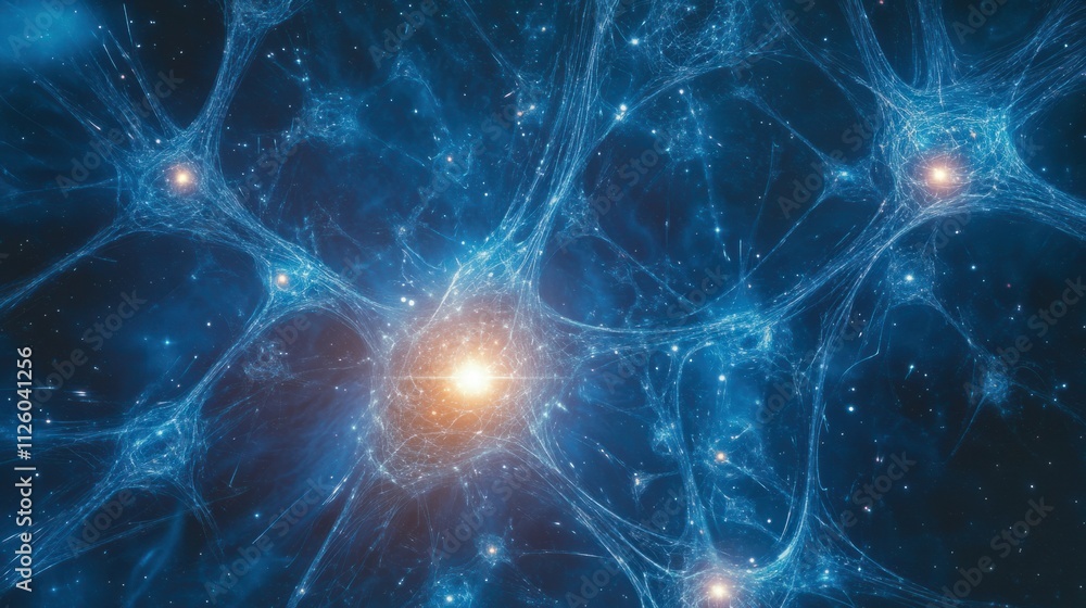 Poster a network of bright, interconnected nodes forming a brain-like structure, floating in a blue digital