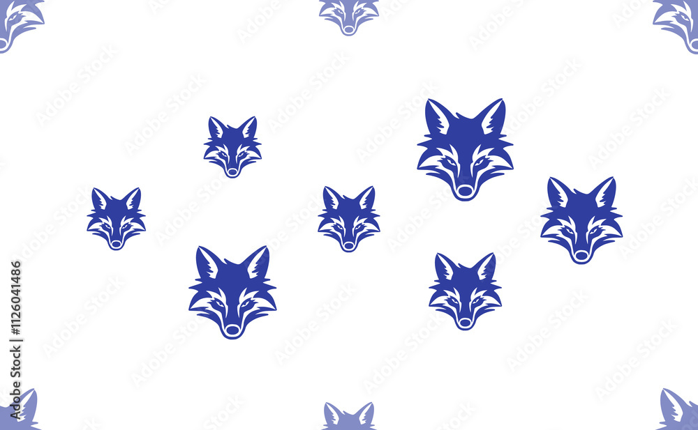 Poster seamless pattern of large isolated blue fox's head symbols. the pattern is divided by a line of elem
