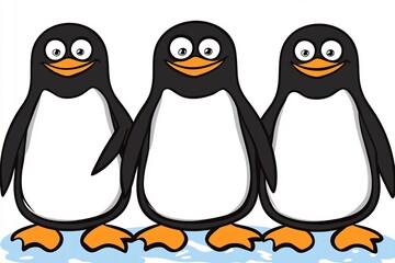 Naklejka premium Three Playful Cartoon Penguins Standing on Ice