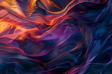 Obraz premium A vibrant abstract wave of colors in shades of orange, purple, and blue, creating a dynamic and flowing visual texture.