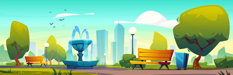 Downtown city park with green garden, tree and bench scene. Town street landscape with nature field, road, fountain and urban cityscape view. Central New York sidewalk on sunny day illustration © klyaksun