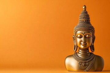 Golden buddha statue on vibrant orange background displaying peaceful aura