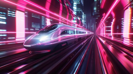 Fototapeta premium futuristic train in neon city, high speed motion blur, vibrant pink and blue lights, modern urban landscape, night scene, fast transportation concept with dynamic energy