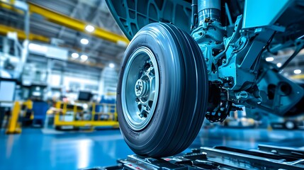 Fototapeta premium Airplane wheel compartment with mechanical components and hydraulic systems, essential for safe landing and takeoff. Precision engineering and aviation safety concepts.