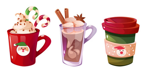 Winter festive drinks collection - mug of hot chocolate with whipped cream and candy canes, glass of warm cocoa topped with cinnamon sticks and marshmallow, takeaway cup with flavor beverage.