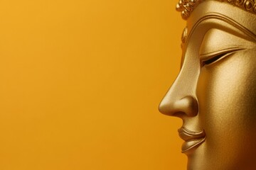 Golden buddha face sculpture on orange background reflecting tranquility and spirituality