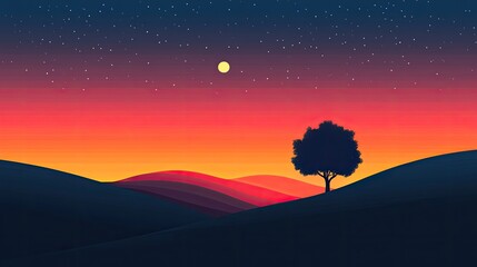 Serene sunset landscape with solitary tree silhouette against vibrant sky and rolling hills.