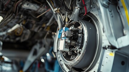 Airplane wheel compartment with mechanical components and hydraulic systems, essential for safe landing and takeoff. Precision engineering and aviation safety concepts.