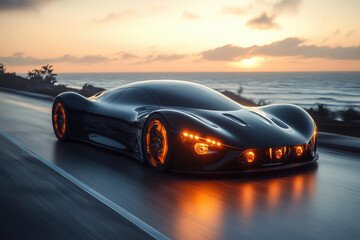 Modern sports car on asphalt road, beautiful background