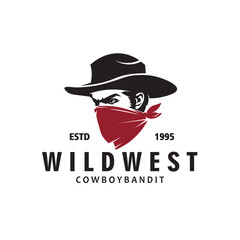 Western Gunslinger Bandit Cowboy Gangster with Bandana Scarf Mask Silhouette Logo Vector Illustration