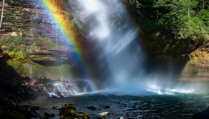 A crystal-clear waterfall cascading over rocks with sunlight filtering through the trees.
