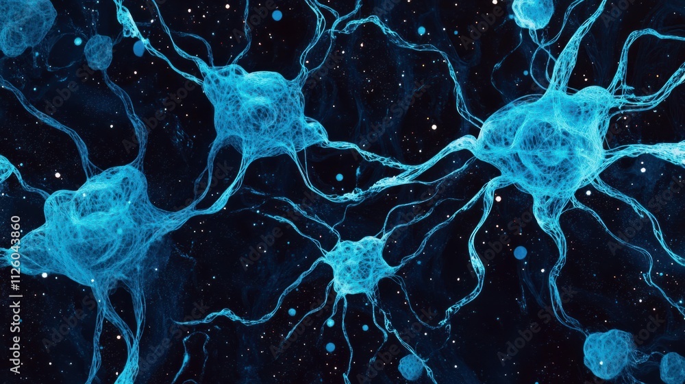Poster abstract representation of a neural network with glowing blue connections spreading across a dark gr