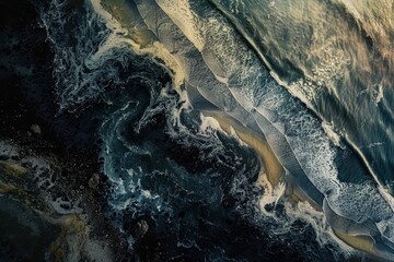 Aerial perspective captures the mesmerizing collision of ocean waves with the sandy beach at twilight, showcasing nature's artistic coastal patterns and textures.
