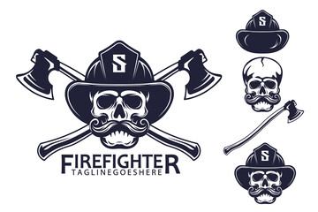 Firefighter And Crossed Axes Hatchet with Mustache Skull Wearing Fireman Helmet, Logo Vector Illustration
