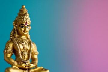 Golden hindu deity statue against colorful background