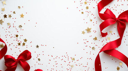 White Background, Christmas, Ribbon, Soft, White and Red Tones, Card Background, PPT Background, Star Glitter, Gold Points, Red Ribbon, Festive, Elegant, Holiday Decor, Merry Christmas, Celebration.