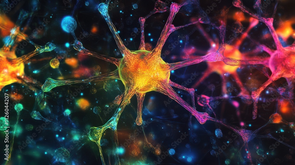 Poster an abstract neural network with colorful connections spreading out symmetrically, on a futuristic di
