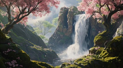 Serene Waterfall in a Dreamlike Blossom-Filled Valley