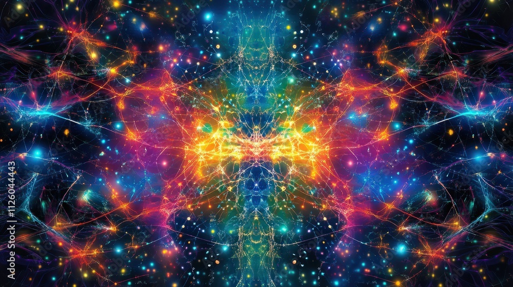 Poster an abstract neural network with colorful connections spreading out symmetrically, on a futuristic di