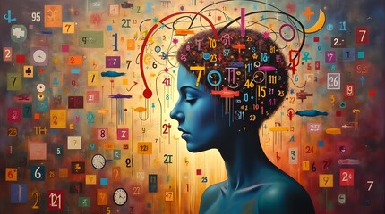 Vibrant abstract artwork depicting a person with colorful numbers, symbols surrounding them, representing creativity, imagination, and thought processes. concepts of innovation and abstract thinking