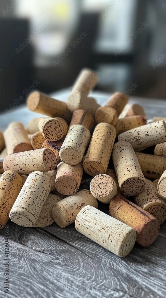 Poster Various wine corks create a vibrant and textured display, showcasing a blend of colors and shapes