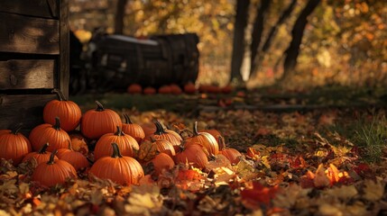 autumn pumpkins on fallen leaves in a serene landscape