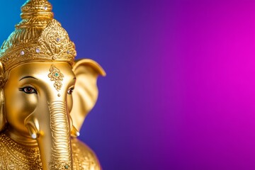 Golden ganesha statue on colorful background with intricate details