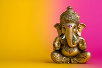 Fototapeta premium Gold statue of hindu deity ganesha on vibrant yellow and pink background