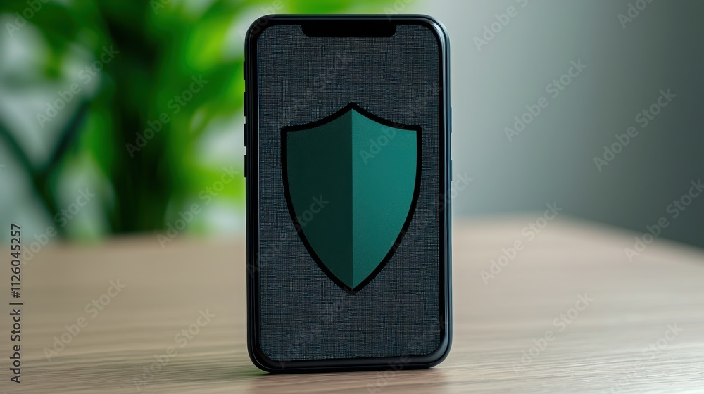 Poster spam call phone and protection concept. smartphone displaying a shield icon on a patterned screen.
