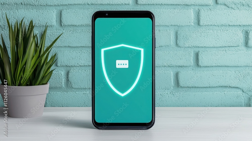 Aufkleber spam call phone and protection concept. smartphone displaying a security app against a textured back