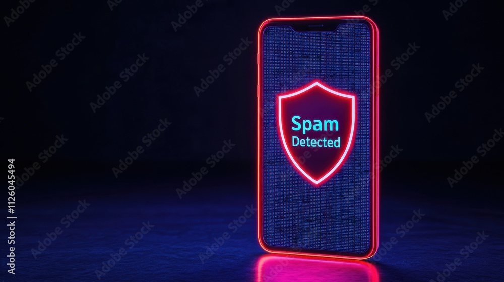 Poster spam call phone and protection concept. digital shield on smartphone indicating spam detection techn