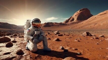 life on the planet Mars, astronauts search for bacterial life on the surface of a rock (3d science rendering)
