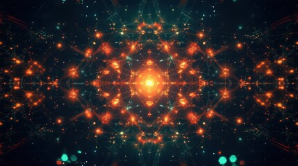 Digital grid representing a neural network with connecting lines and glowing nodes in a symmetrical design, on dark